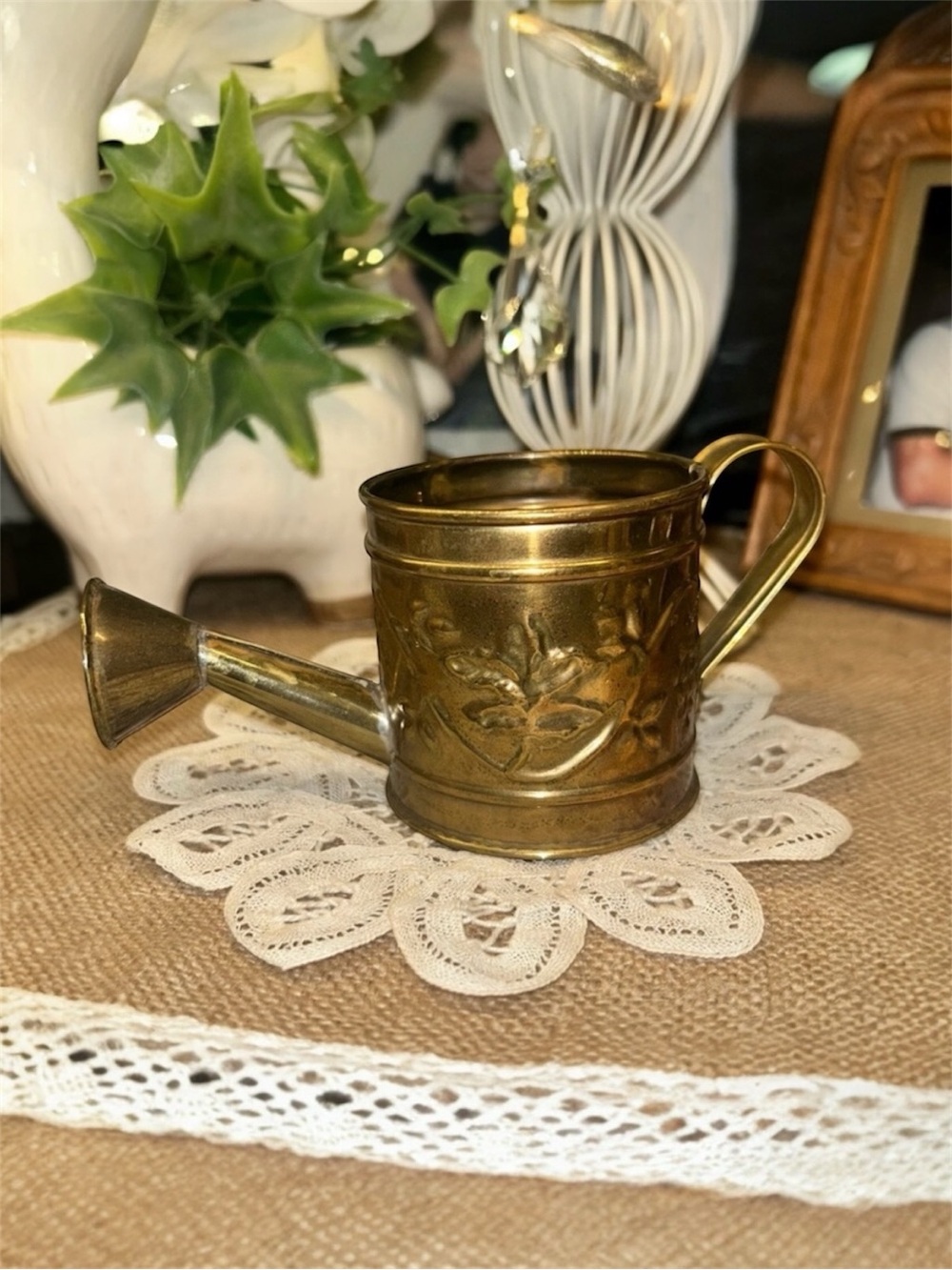 Hosley Vintage Solid Brass Minature Watering Can Decor embossed vines 2.5" x 5.5